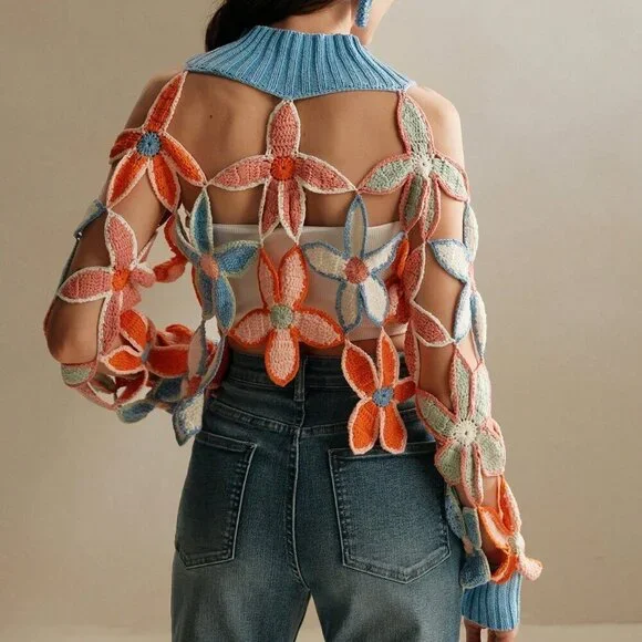 Blue Casual Women's Floral Pattern Sheer Long Sleeve Loose Sweater - Picture 3 of 7